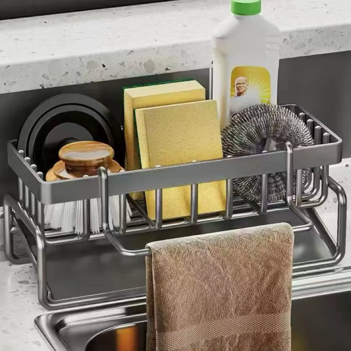 Køkkenvask-organizer med afløb – svamp og børste tørrer hurtigt